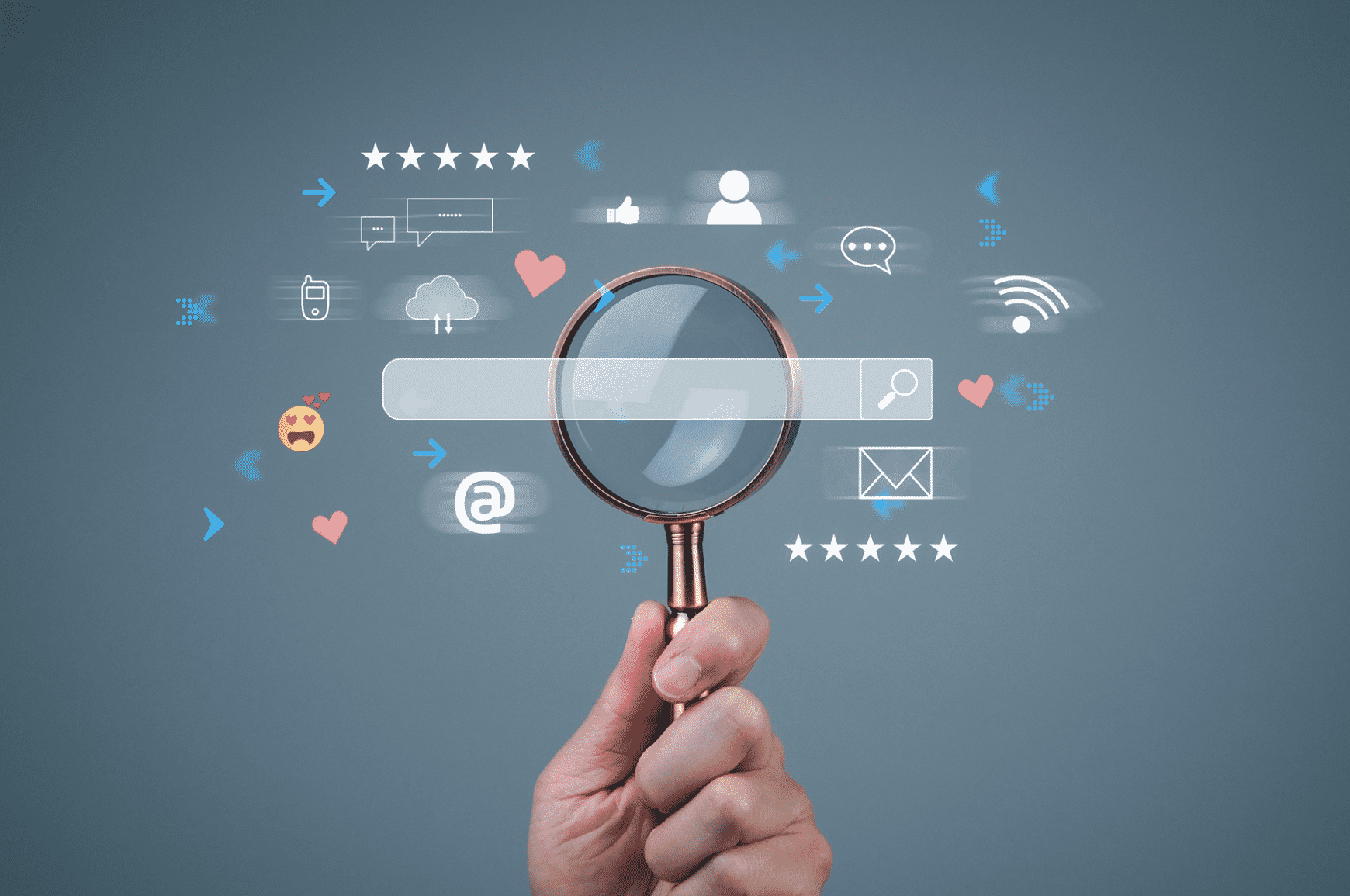 Search bar with icons floating around and a magnifying glass at center