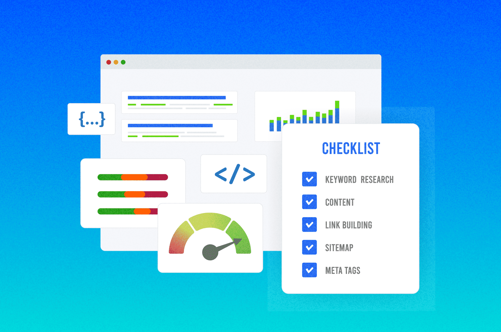 List of what a content checker for SEO helps improve; keyword research, content, link building, sitemap and meta tags